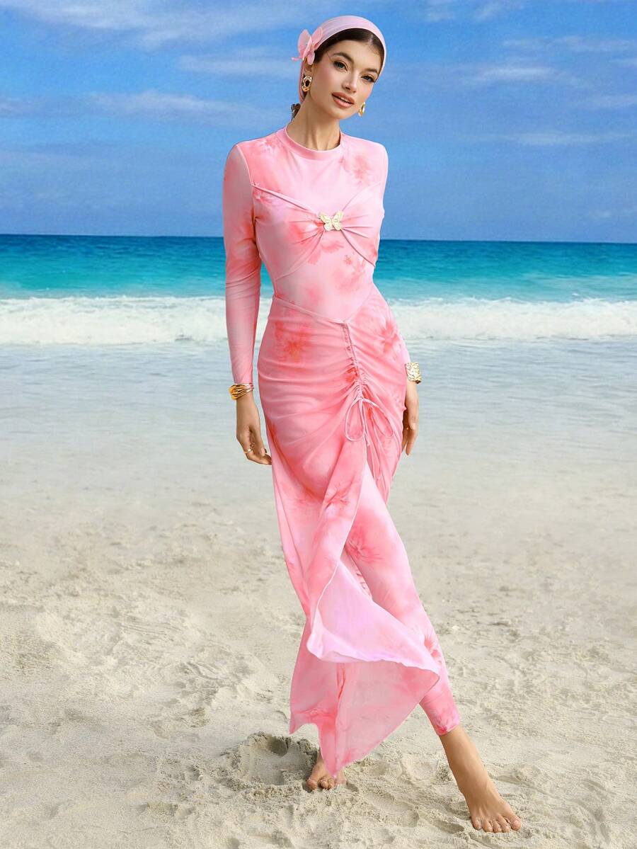 Swim Shayni 女士波西米亚风时尚扎染花卉印花金属蝴蝶装饰三件套：比基尼泳衣+长裤+抽绳长裙，夏季泳装 - 粉色 - 查看 1