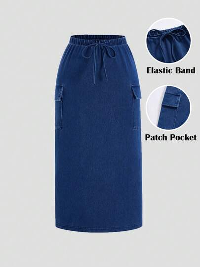 SHEIN MOD Women's Drawstring Waist Cargo Pocket Maxi Casual Denim Skirt Summer Outfits For Women Spring Outfit Women Easter Skirts St Patrick's Day Women Beach Outfits Going Out Skirts Vacation Outfits Women Casual Women's Skirts Women Denim Midi Skirt With Drawstring Waist And Cargo Pockets Casual Blue