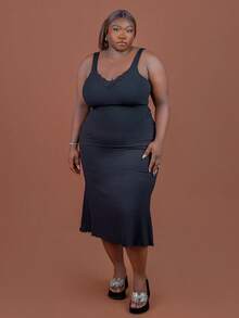 CurvyTilda Plus Contrast Lace Wide Strap Top - Black - View 1