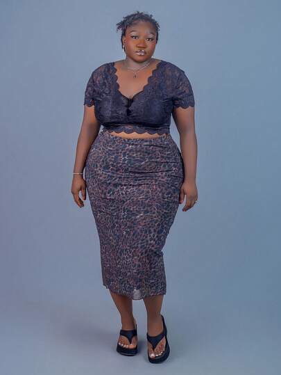 CurvyTilda 大码复古豹纹网眼长裙