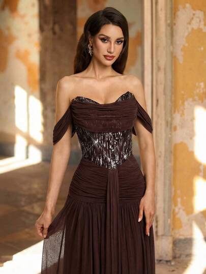 Aureia Elegant, Romantic, Fashionable, Dignified Coffee-Colored Elastic Mesh Fabric Dress With Sequins Embellishments, Fishbone Decor, A-Line Silhouette, Suitable For Elegant Parties, Wedding Guest Attire, Coffee-Colored Dress, Fashionable And Graceful Wedding Guest Formal Gown, Formal Evening Dress