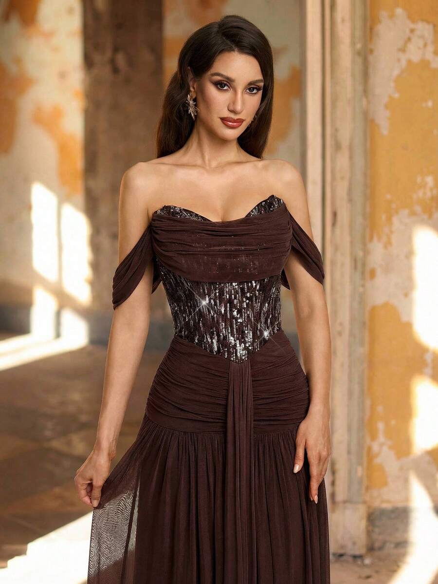 Aureia Váy lưới co giãn màu cà phê thanh lịch, lãng mạn, thời trang, trang trọng với họa tiết kim sa, họa tiết xương cá, dáng chữ A, phù hợp cho các bữa tiệc sang trọng, trang phục khách dự tiệc cưới, váy màu cà phê, váy dạ hội trang trọng thời trang và duyên dáng cho khách dự tiệc cưới, váy dạ hội trang trọng