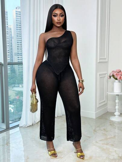 Xyvia Women's Solid Color Knit Hollow Out Asymmetric Neck Crop Top And Wide Leg Pants Set, Sexy High Waist Slimming Bohemian Style Two Pieces Suit For Summer Beach Vacation