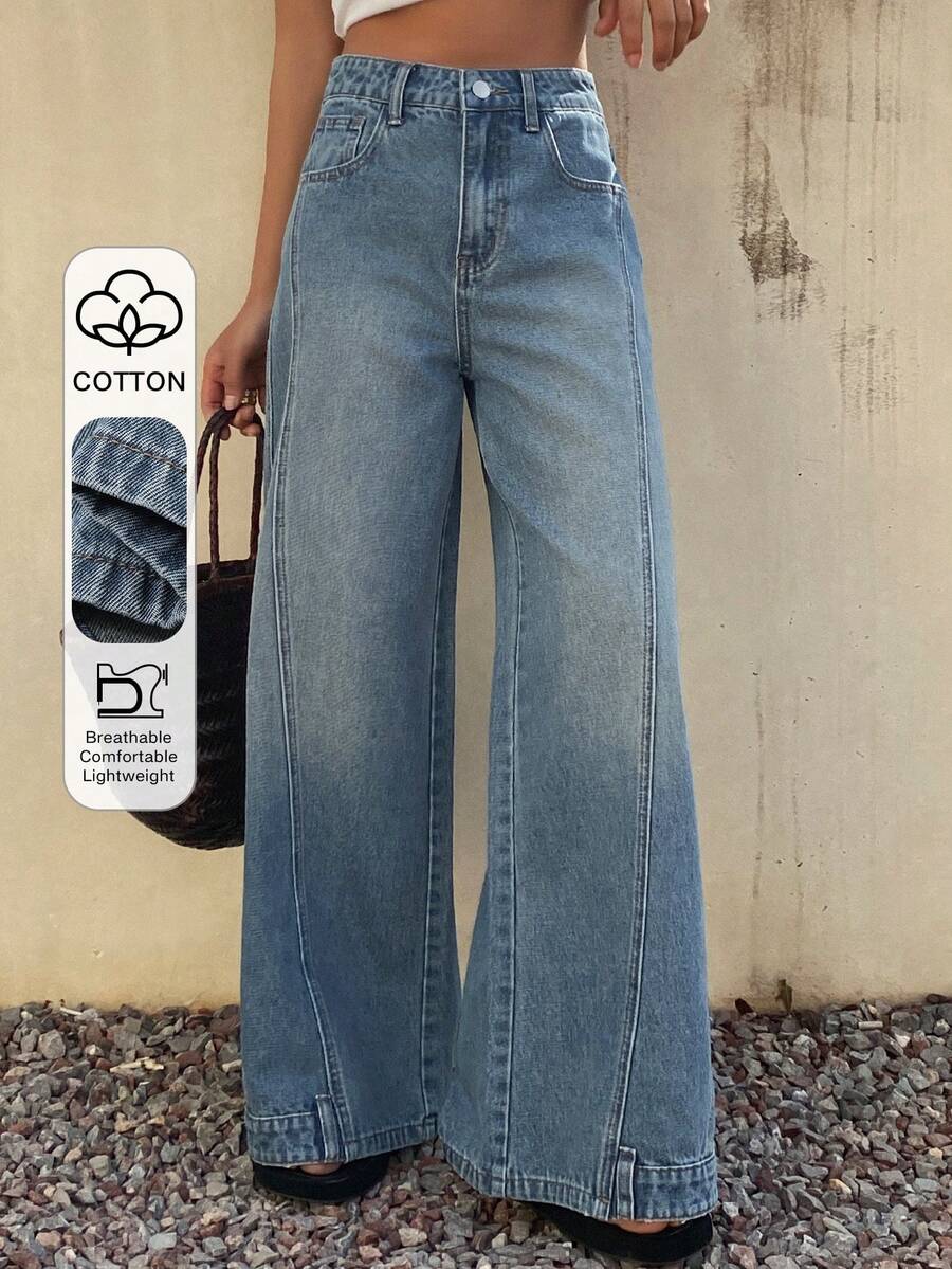 DAZY Jeans de pierna ancha y suelta con cintura regular y diseño de bajo con estilo, estilo casual de calle para mujer - Azul lavado medio - Ver 1