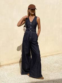 DAZY Mono de pierna recta y holgada con cuello en V y sin mangas, estilo casual de ciudad para mujer - Azul lavado oscuro - Ver 2