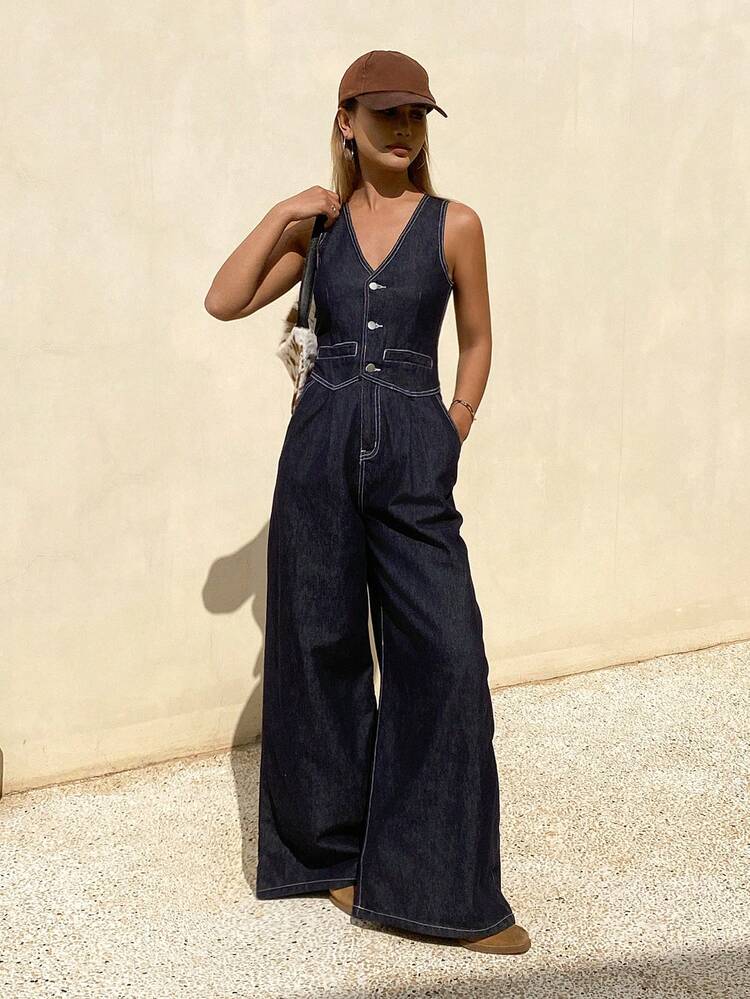 Women's V-Neck Sleeveless Loose Fit Long Straight Leg Jumpsuit Overalls, Casual City Style