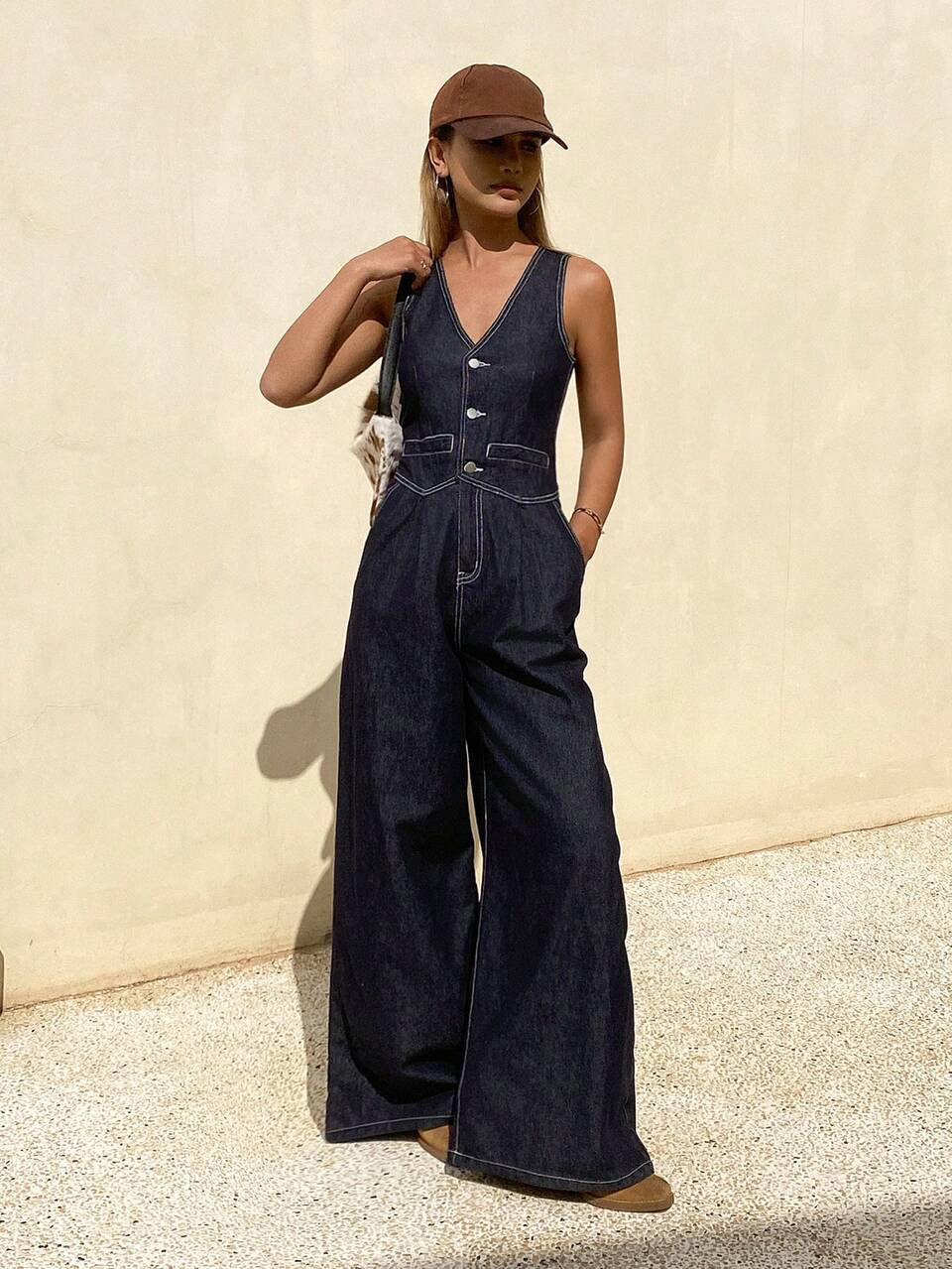 Women's V-Neck Sleeveless Loose Fit Long Straight Leg Jumpsuit Overalls, Casual City Style