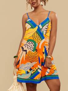 Travachic 大码度假风复古印花吊带迷你连衣裙，裹身裙，新年装扮，感恩节服装，夏季海滩装扮，万圣节服装 - 彩色 - 查看 1
