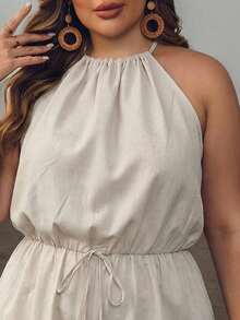 EMERY ROSE Bộ áo liền quần cổ yếm màu trơn dành cho nữ cỡ lớn, buộc eo - Màu be - Xem 4