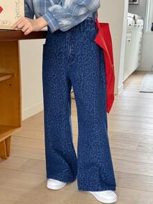 Hapijoa 少女豹纹口袋阔腿宽松休闲牛仔裤 - 藍色 - 查看 1