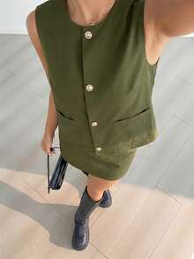 SHEIN EZwear Bộ đồ nữ màu trơn gồm áo vest một hàng cúc và chân váy ngắn, kiểu dáng thường ngày. - xanh quân đội - Xem 6
