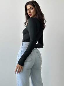 Firerie Elegant Sophisticated Fashion Hollow Rose Metal Ornament Black Tight Long Sleeve T-Shirt For Women Fall Casual Chic - Black - View 3