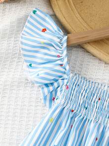 SHEIN Young Girl Woven Striped & Ditsy Floral Square Collar Ruffle Hem Casual Dress - Blue and White - View 5