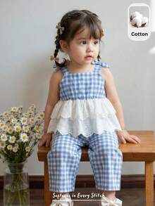 2pcs Baby Girl Plaid Round Neck Sleeveless Top And Elastic Waist Pants Set Checkered Outfit Two Pieces Sets Girls Two Pieces Set Cute Vintage Style Light Blue Matching Set Baby Girls 2pcs Set Baby Girl Checkered Outfit Little Girl Summer Sets - Multicolor - View 3