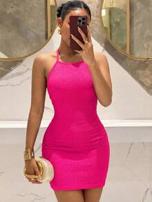 Slaydiva Đầm mini nữ dáng ôm màu đỏ hồng, chất liệu dệt kim họa tiết, cổ yếm, lưng hở, kiểu dáng thường ngày, phong cách nghỉ dưỡng Boho, hàng mới về 2026. Thích hợp cho mặc hàng ngày, đi mua sắm, du lịch, nghỉ mát, đi biển, phong cách miền Tây, du mục, Boho, trang phục sân bay, lễ hội, hòa nhạc. - Màu Hồng Tươi - Xem 3