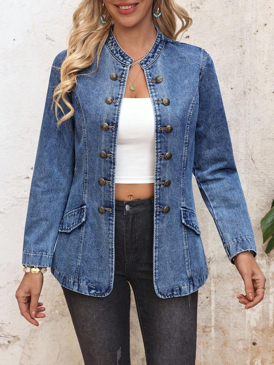 EMERY ROSE Women's Metal Button Casual Denim Jacket - Blue - View 1