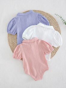 Cozy Pixies 3件套女婴纯色柔软针织翻领短袖连体衣套装 - 彩色 - 查看 2
