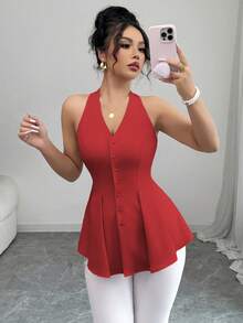 Elenzga 女士优雅休闲通勤度假纯色V领开襟褶裥腰部A字无袖衬衫，春夏款 - 紅色 - 查看 7