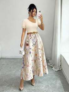 GlowEve 女士纯色杏色拼接花卉图案二合一收腰A字休闲优雅迷人日常音乐节海滩通勤性感时尚约会法式街头复古百搭春夏杏色多色新款短袖中长连衣裙 - 彩色 - 查看 8