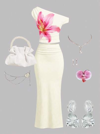 Conjunto de vacaciones de 2 piezas para adolescentes con camiseta asimétrica de hombro y falda ajustada fruncida en estampado floral vintage de lirio, hibisco y color crema blanco y rosa