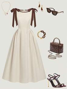 GlowEve Đầm midi dáng chữ A phối màu thắt eo, nơ bướm, hàng mới về - Màu be - Xem 6