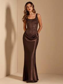 SHEIN BAE 棕色蕾丝拼接缎面腰部性感透视连衣裙，棕色连衣裙，婚礼宾客礼服，蕾丝连衣裙，优雅连衣裙 - 棕色 - 查看 4