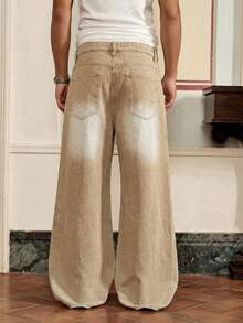 SWAVVY Men's Casual Washed Retro Wide Leg Jeans - Khaki - View 3