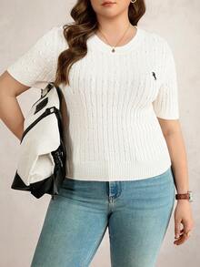 Comfylo Plus Size Women's White Cable Knit Top,Summer Casual Short Sleeve Round Neck Pullover,Knight Pattern Slim Fit Sweater For School & Back-To-School - White - View 5