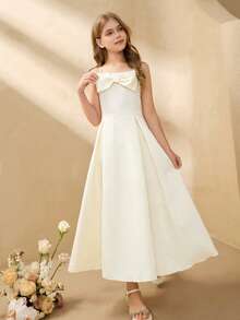Tween Girl Solid Color Bow Decor Elegant Camisole Party Dress Elegant Dresses For Girls Flowergirl Dress - Champagne - View 5