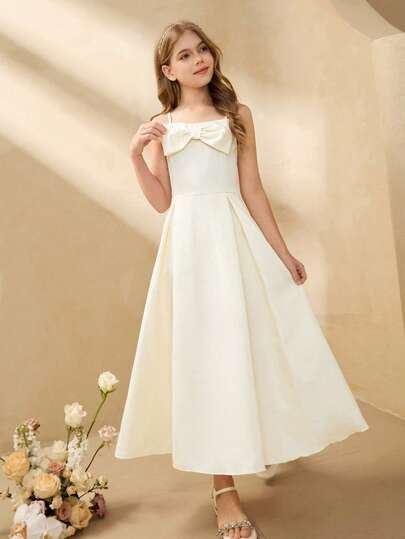 Tween Girl Solid Color Bow Decor Elegant Camisole Party Dress