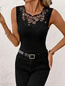 SHEIN Clasi 女士黑色罗纹长袖镶钻修身优雅休闲上衣 - 黑色 - 查看 6