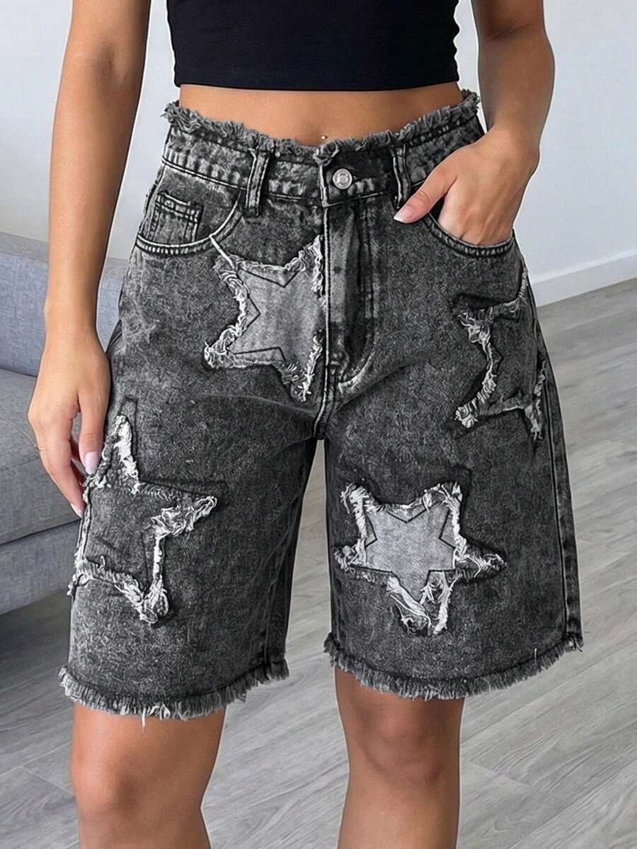 SHEIN ICON 女士带口袋纽扣拼接休闲牛仔短裤 - 黑色 - 查看 1