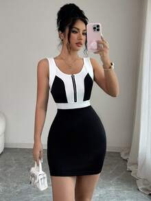 Elenzga Women's Black & White Splice Bodycon Mini Dress - Black - View 1