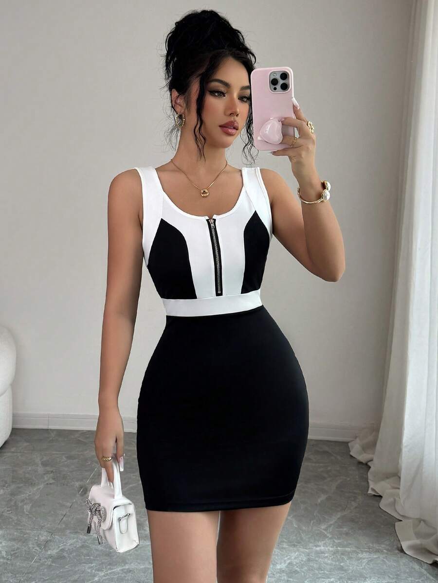 Elenzga Women's Black & White Splice Bodycon Mini Dress - Black - View 1