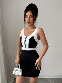 Elenzga Women's Black & White Splice Bodycon Mini Dress - Black - View 5