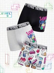 Tetris™ X SHEIN 3pcs Men's Boxer Briefs With Digital Cube Print & Elastic Waistband - Black and White - View 1
