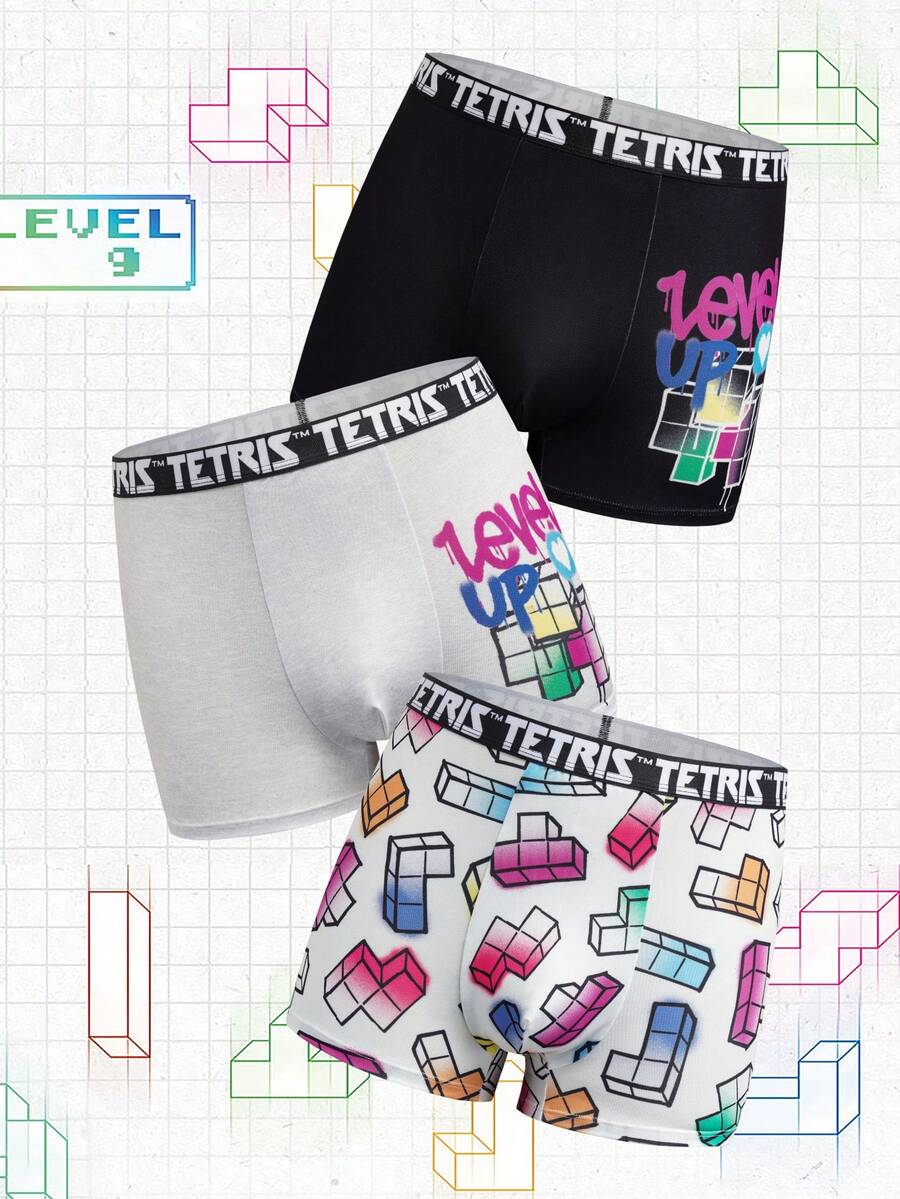 Tetris™ X SHEIN 3pcs Men's Boxer Briefs With Digital Cube Print & Elastic Waistband - Black and White - View 1
