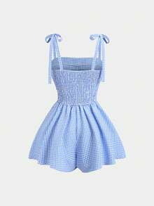 Sweetra French Bright Blue Plaid Series Waist-Cinching Snap-Button Short Jumpsuit, Summer College Style Minimalist Sexy Sexy Bud Cute Playful Elegant Women's Jumpsuit - Blue - View 2
