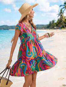 Sylviya 女士休闲V领几何图案度假连衣裙 - 彩色 - 查看 6