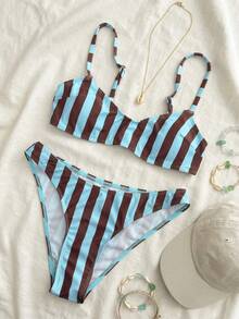 SHEIN Swim 两件套女士时尚可爱性感沙滩装，条纹吊带上衣和三角比基尼泳裤，适合度假和泳池穿着。 - 彩色 - 查看 6