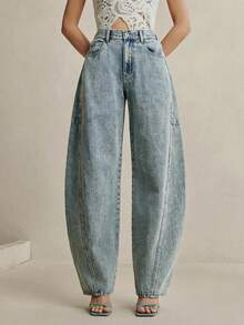 Anewsta Quần jeans nữ ống loe cạp cao màu xanh nhạt kiểu vintage, thích hợp mặc đi làm, thích hợp cho mùa xuân hè. - Màu xanh lam - Xem 5