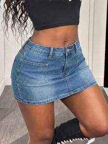 Slaydiva Váy ngắn denim cạp thấp in chữ phong cách đường phố punk gợi cảm, thời trang dành cho nữ cỡ lớn; Quần short denim mùa hè dành cho nữ, kiểu Y2K, quần short denim ngắn, quần short mini, váy ngắn denim nữ, váy ngắn denim Y2K, in chữ, váy denim màu xanh trung bình, Giáng sinh, Năm mới, Ngày Valentine. - Rửa nhẹ - Xem 3