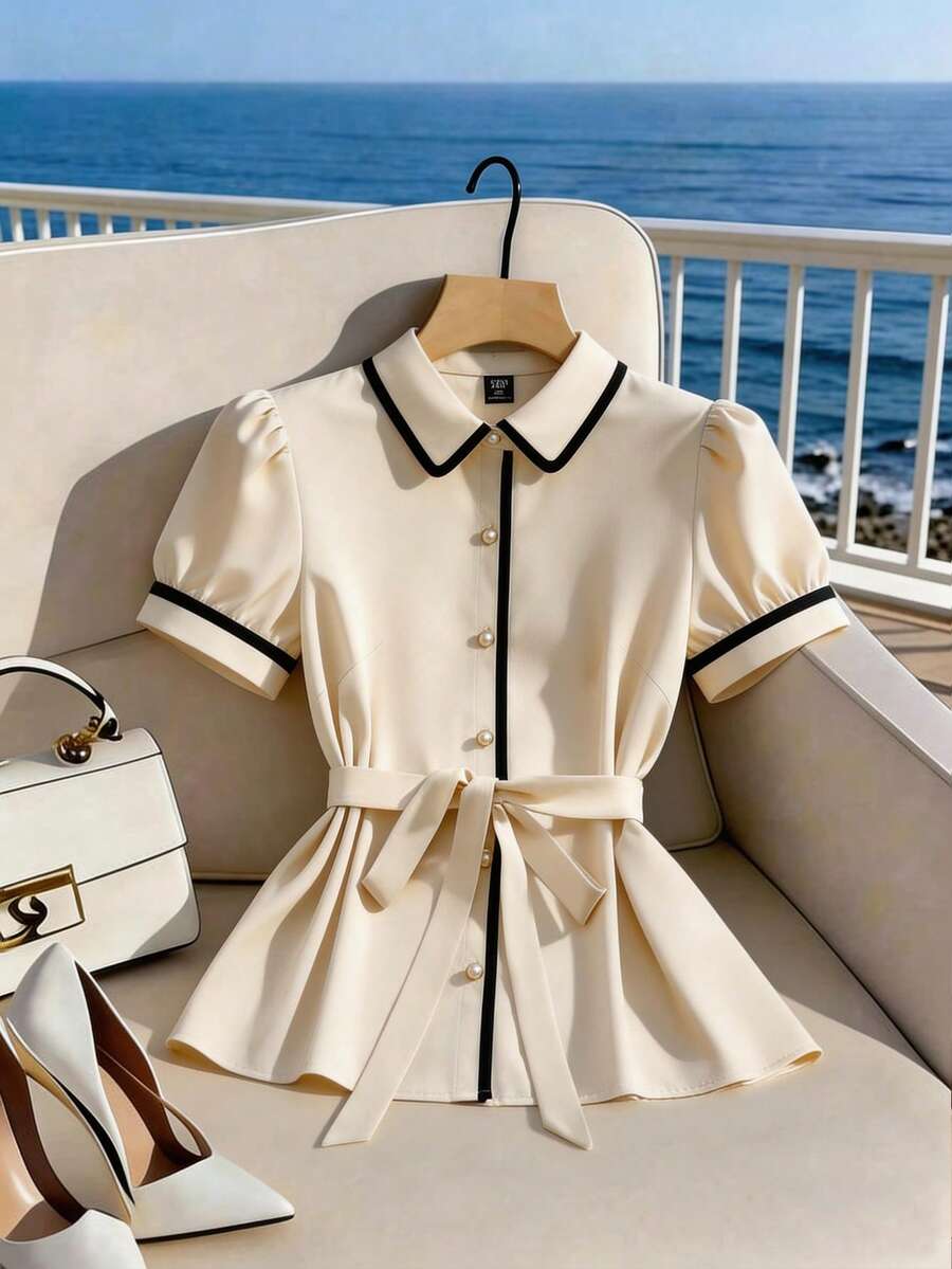 GlowEve CURVE Áo kiểu nữ thời trang thanh lịch tay phồng phối màu tương phản - Màu be - Xem 1