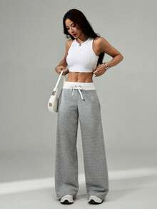 SHEIN PETITE Comfortable And Casual Plain Knitted Low-Rise Wide-Leg Women's Sweatpants - Grey - View 7