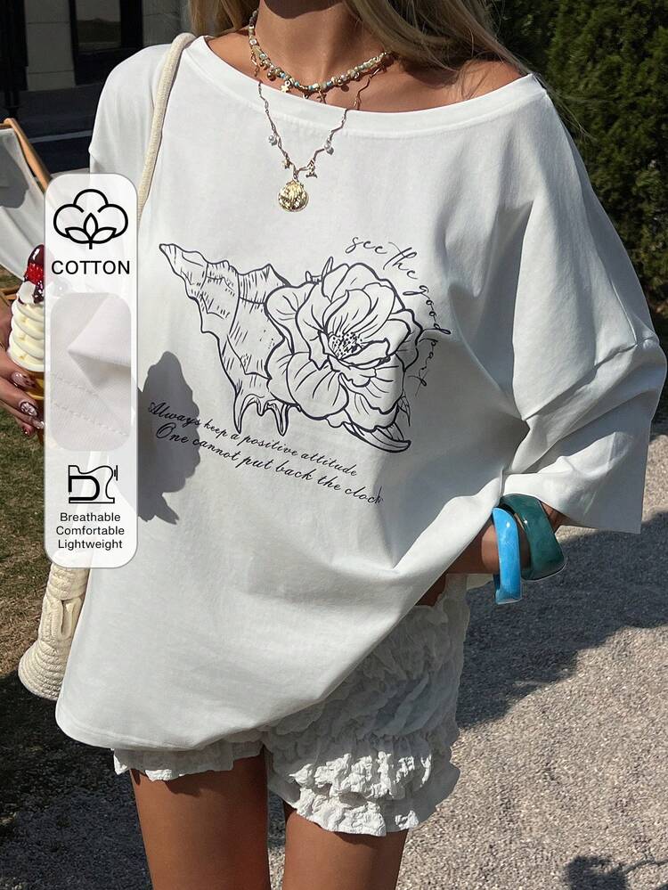 Women's Asymmetric Shoulder Short Sleeve Loose Printed Casual T-Shirt, Vacation & Street Style