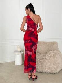 Lavishia Red Abstract Print Sleeveless Bodycon Midi Dress, Suitable For Summer - Red - View 2