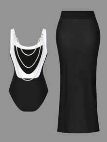 Swim Oasis Áo tắm liền thân hở lưng thanh lịch dành cho nữ, đính chuỗi ngọc trai, thích hợp cho bãi biển, khu nghỉ dưỡng, kỳ nghỉ vào mùa xuân, hè và thu. - Đen và trắng - Xem 5