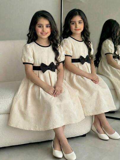 SHEIN Elladie kids 1pc Girls Casual Ruffled Collar Puff Sleeve Waist Elastic Hem Colorblock Dress, Lightweight Fabric, Sweet & Lovely, Suitable For Summer Vacation