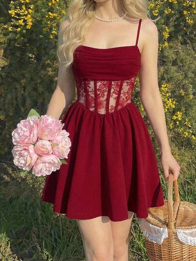 SHEIN MOD 蕾丝腰边复古吊带酒红色迷你连衣裙