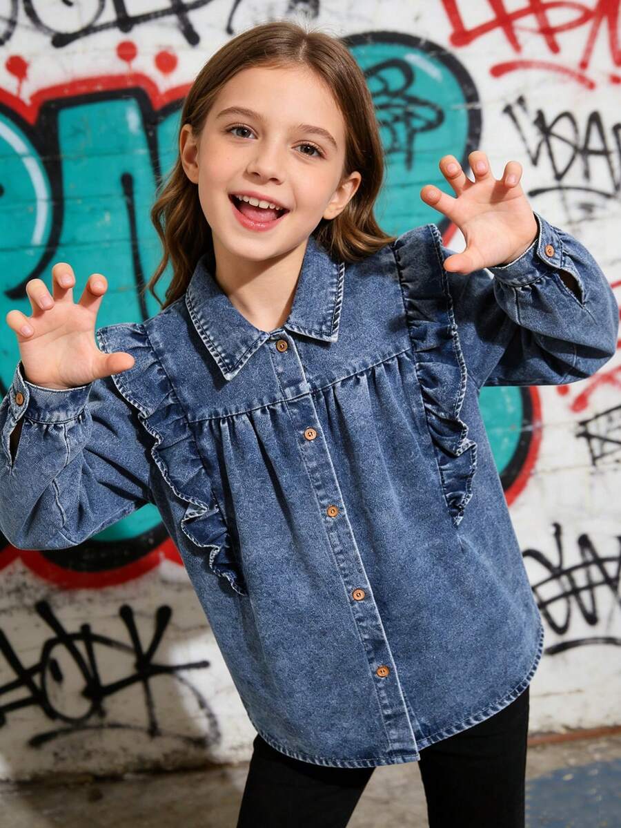 Elladie kids 少女休闲水洗牛仔外套，荷叶边下摆 - 淺色水洗藍 - 查看 1